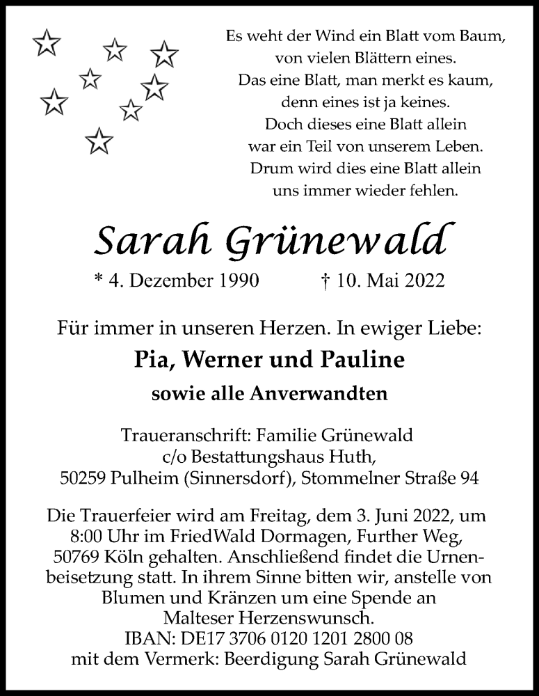  Traueranzeige für Sarah Grünewald vom 21.05.2022 aus Kölner Stadt-Anzeiger / Kölnische Rundschau / Express