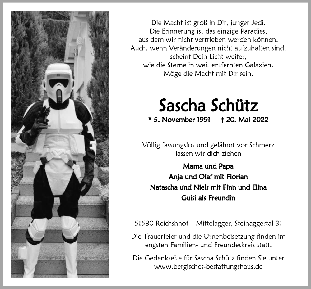  Traueranzeige für Sascha Schütz vom 27.05.2022 aus  Anzeigen Echo 