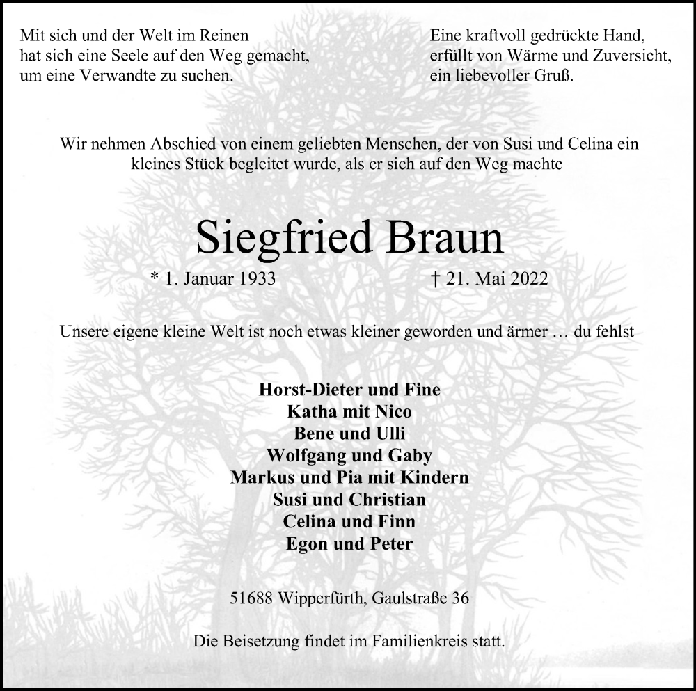  Traueranzeige für Siegfried Braun vom 28.05.2022 aus Kölner Stadt-Anzeiger / Kölnische Rundschau / Express