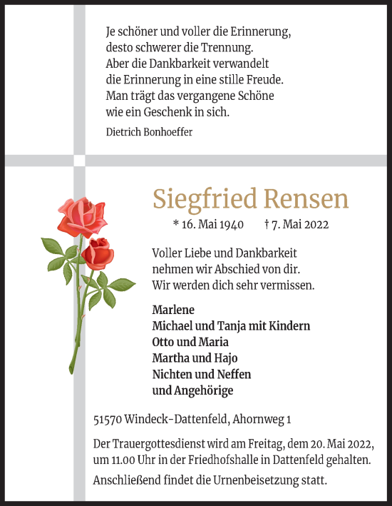 Anzeige von Siegfried Rensen von Kölner Stadt-Anzeiger / Kölnische Rundschau / Express