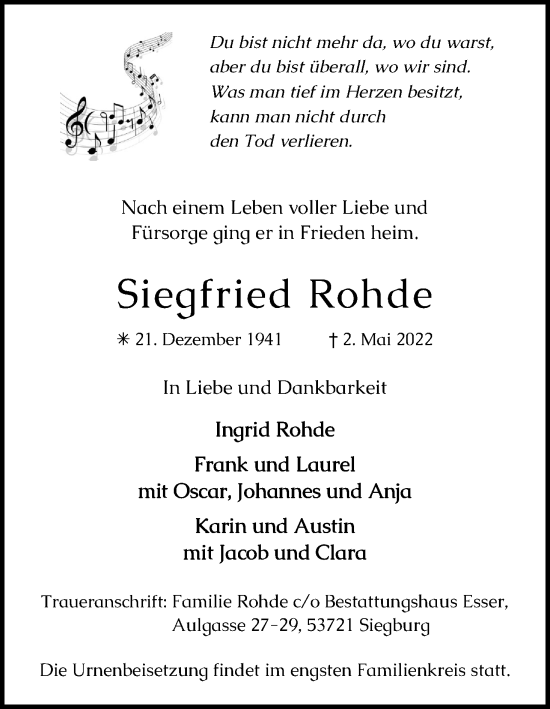Anzeige von Siegfried Rohde von Kölner Stadt-Anzeiger / Kölnische Rundschau / Express