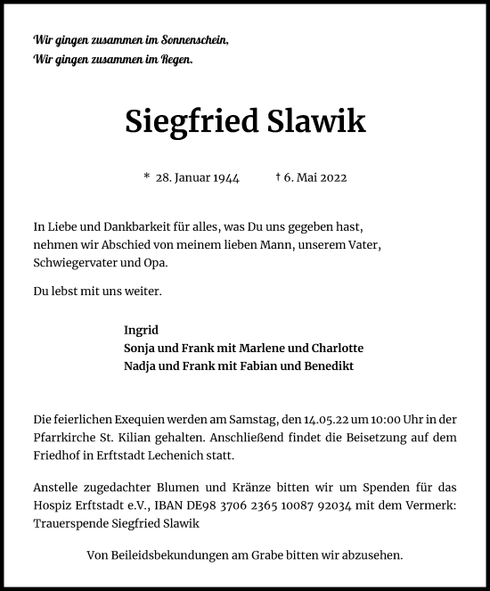 Anzeige von Siegfried Slawik von Kölner Stadt-Anzeiger / Kölnische Rundschau / Express