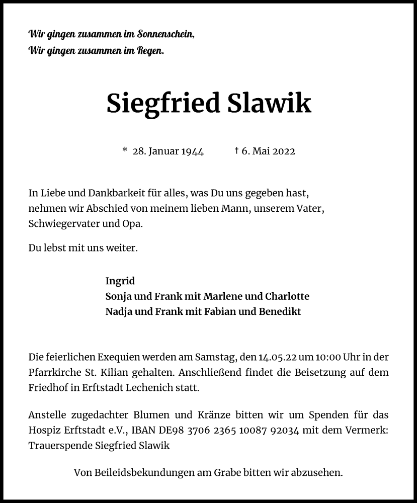  Traueranzeige für Siegfried Slawik vom 11.05.2022 aus Kölner Stadt-Anzeiger / Kölnische Rundschau / Express