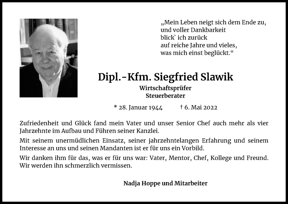  Traueranzeige für Siegfried Slawik vom 11.05.2022 aus Kölner Stadt-Anzeiger / Kölnische Rundschau / Express