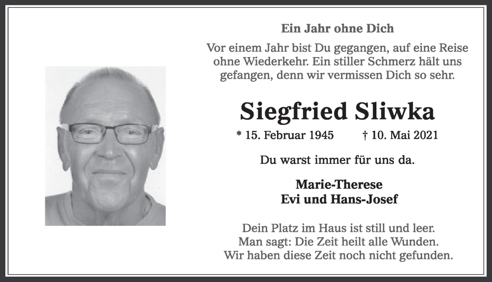  Traueranzeige für Siegfried Sliwka vom 06.05.2022 aus  Werbepost 
