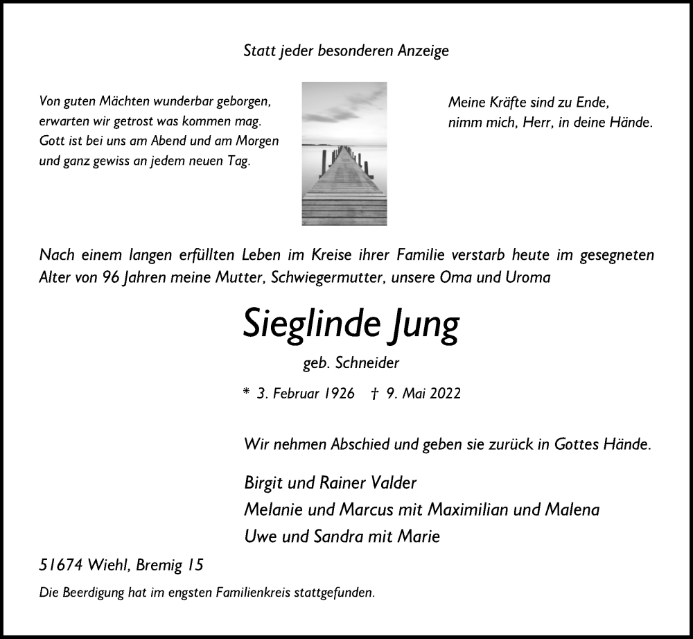  Traueranzeige für Sieglinde Jung vom 20.05.2022 aus Kölner Stadt-Anzeiger / Kölnische Rundschau / Express