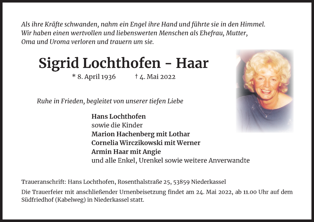  Traueranzeige für Sigrid Lochthofen-Haar vom 21.05.2022 aus Kölner Stadt-Anzeiger / Kölnische Rundschau / Express