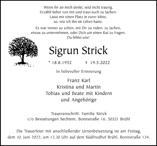 Anzeige von Sigrun Strick von  Schlossbote/Werbekurier 