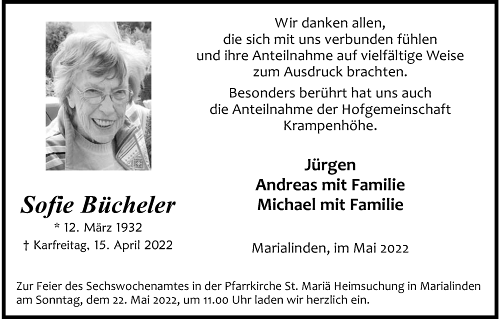  Traueranzeige für Sofie Bücheler vom 18.05.2022 aus Kölner Stadt-Anzeiger / Kölnische Rundschau / Express