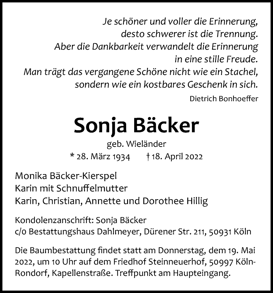  Traueranzeige für Sonja Bäcker vom 14.05.2022 aus Kölner Stadt-Anzeiger / Kölnische Rundschau / Express