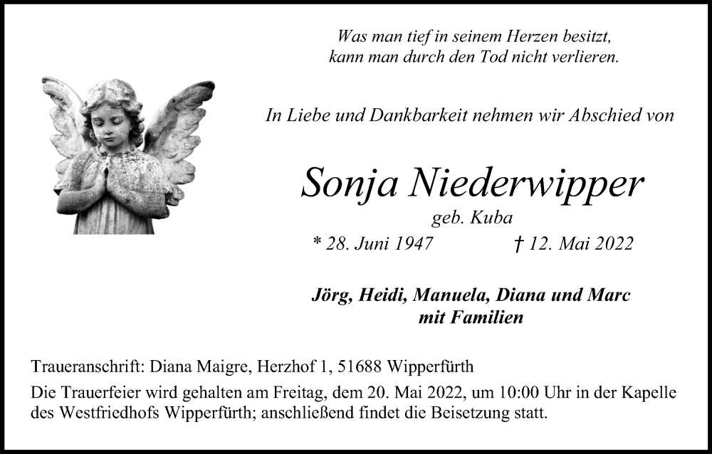  Traueranzeige für Sonja Niederwipper vom 14.05.2022 aus Kölner Stadt-Anzeiger / Kölnische Rundschau / Express