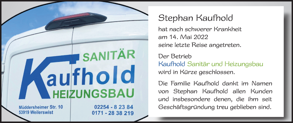  Traueranzeige für Stephan Kaufhold vom 21.05.2022 aus Kölner Stadt-Anzeiger / Kölnische Rundschau / Express
