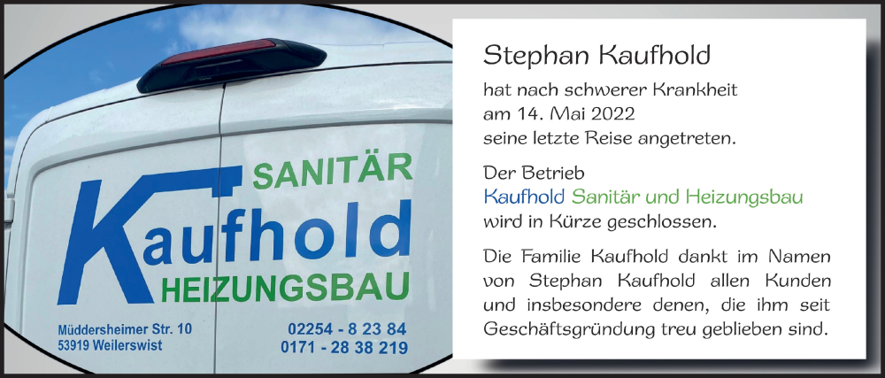  Traueranzeige für Stephan Kaufhold vom 21.05.2022 aus  Blickpunkt Euskirchen 