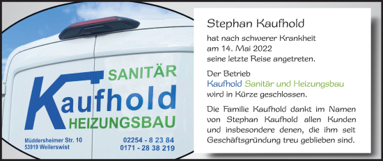 Anzeige von Stephan Kaufhold von Kölner Stadt-Anzeiger / Kölnische Rundschau / Express