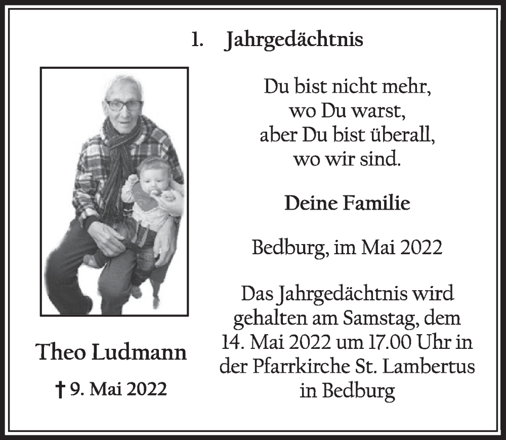  Traueranzeige für Theo Ludmann vom 13.05.2022 aus  Werbepost 
