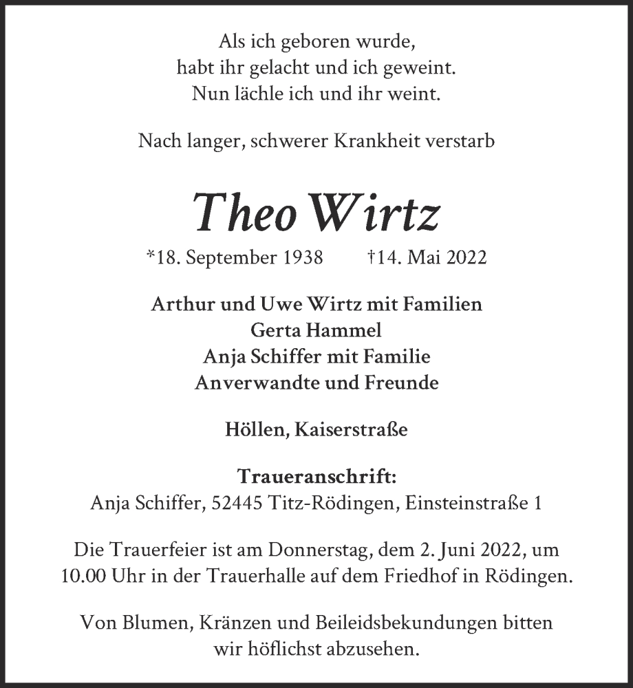  Traueranzeige für Theo Wirtz vom 20.05.2022 aus  Werbepost 