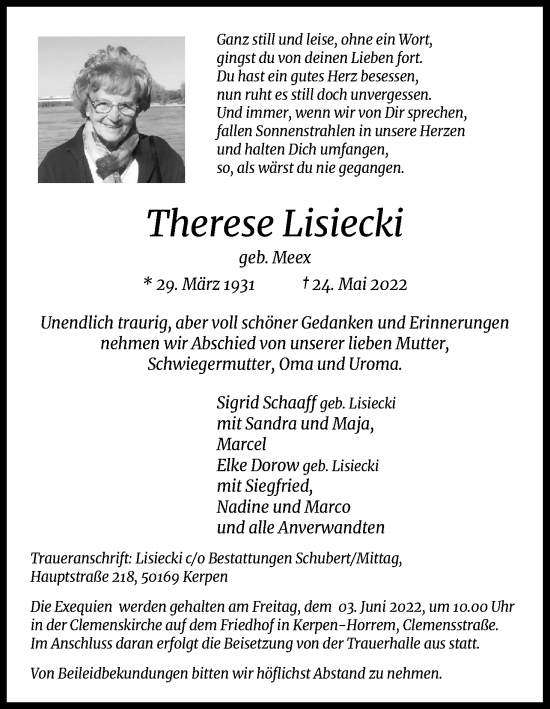 Anzeige von Therese Lisiecki von Kölner Stadt-Anzeiger / Kölnische Rundschau / Express
