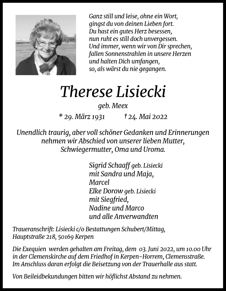  Traueranzeige für Therese Lisiecki vom 01.06.2022 aus Kölner Stadt-Anzeiger / Kölnische Rundschau / Express