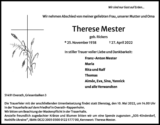 Anzeige von Therese Mester von Kölner Stadt-Anzeiger / Kölnische Rundschau / Express