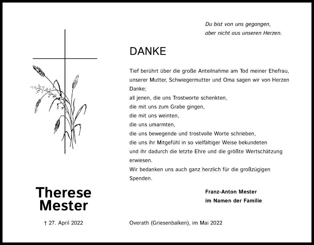  Traueranzeige für Therese Mester vom 28.05.2022 aus Kölner Stadt-Anzeiger / Kölnische Rundschau / Express