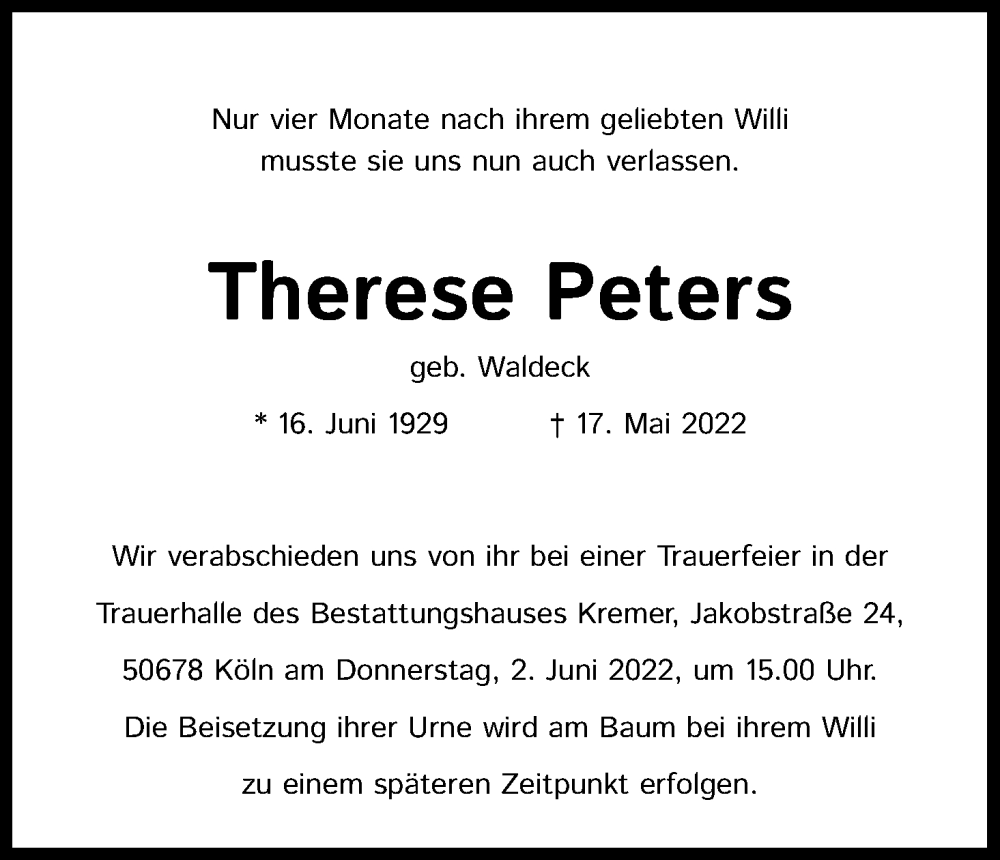  Traueranzeige für Therese Peters vom 28.05.2022 aus Kölner Stadt-Anzeiger / Kölnische Rundschau / Express