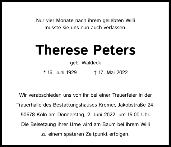 Anzeige von Therese Peters von Kölner Stadt-Anzeiger / Kölnische Rundschau / Express