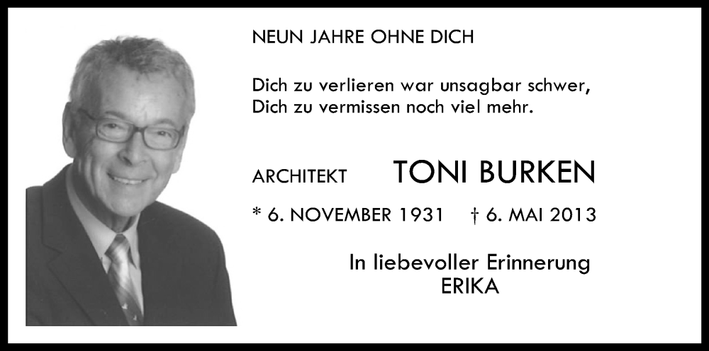  Traueranzeige für Toni Burken vom 07.05.2022 aus Kölner Stadt-Anzeiger / Kölnische Rundschau / Express