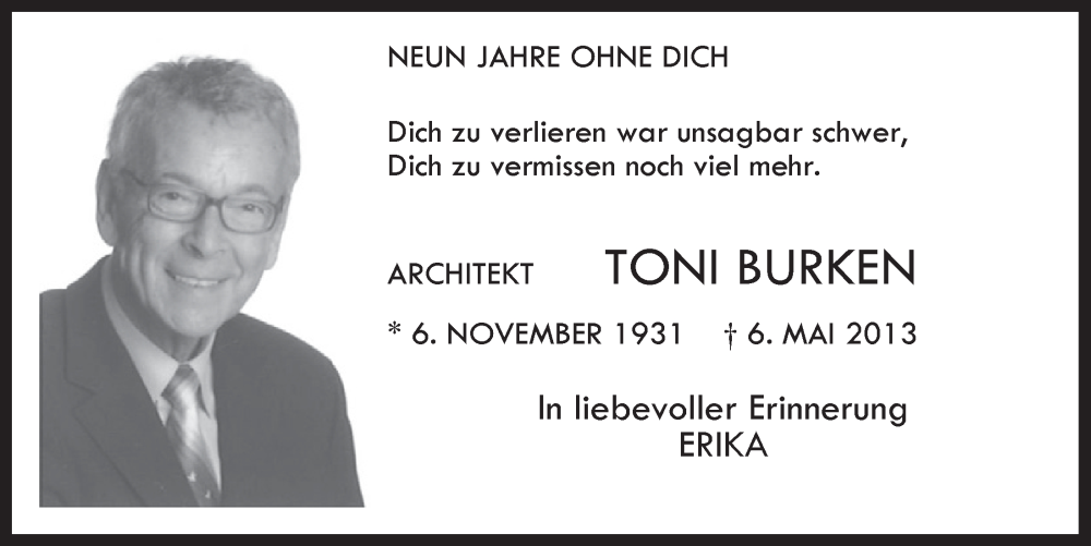  Traueranzeige für Toni Burken vom 06.05.2022 aus  EXPRESS - Die Woche 