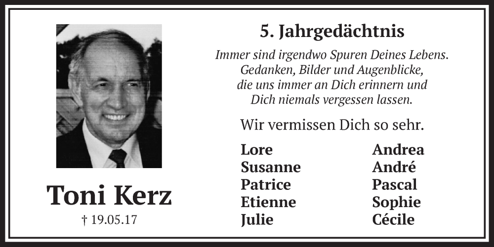  Traueranzeige für Toni Kerz vom 18.07.2023 aus  Schlossbote/Werbekurier 