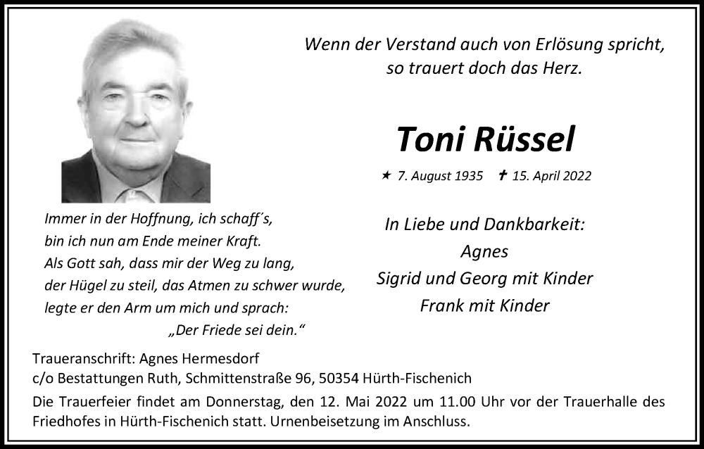 Traueranzeige für Toni Rüssel vom 07.05.2022 aus Kölner Stadt-Anzeiger / Kölnische Rundschau / Express