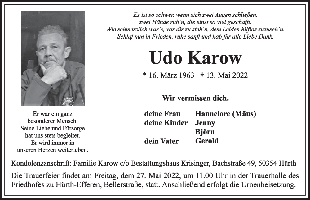  Traueranzeige für Udo Karow vom 20.05.2022 aus  Wochenende 
