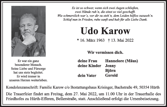 Anzeige von Udo Karow von  Wochenende 