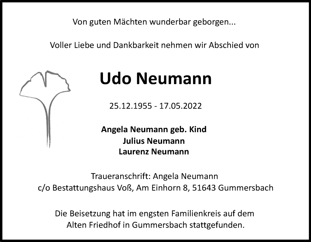  Traueranzeige für Udo Neumann vom 31.05.2022 aus Kölner Stadt-Anzeiger / Kölnische Rundschau / Express