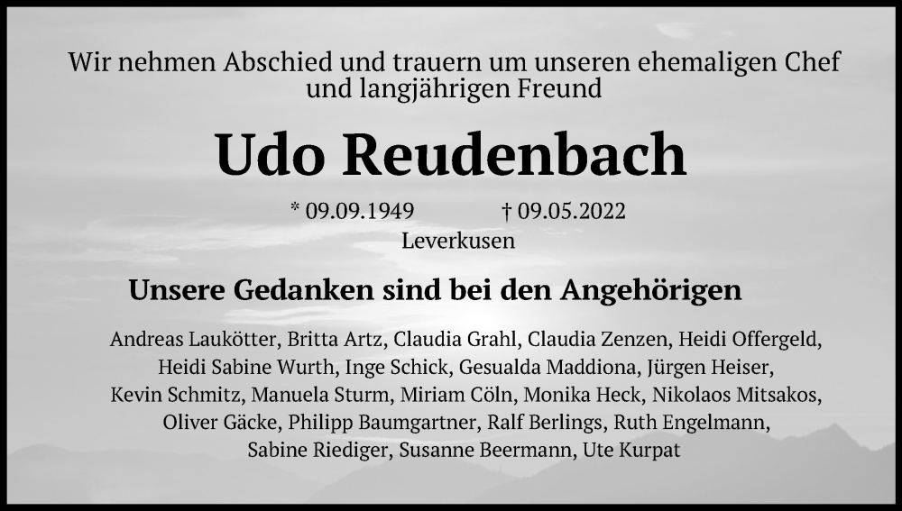  Traueranzeige für Udo Reudenbach vom 21.05.2022 aus Kölner Stadt-Anzeiger / Kölnische Rundschau / Express