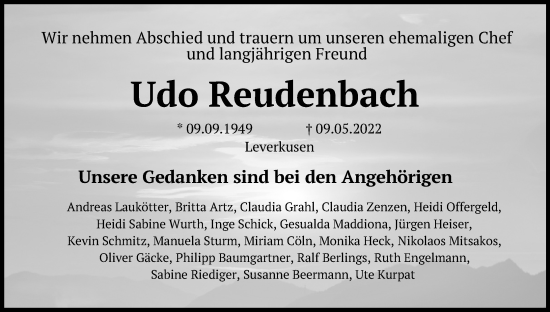 Anzeige von Udo Reudenbach von Kölner Stadt-Anzeiger / Kölnische Rundschau / Express