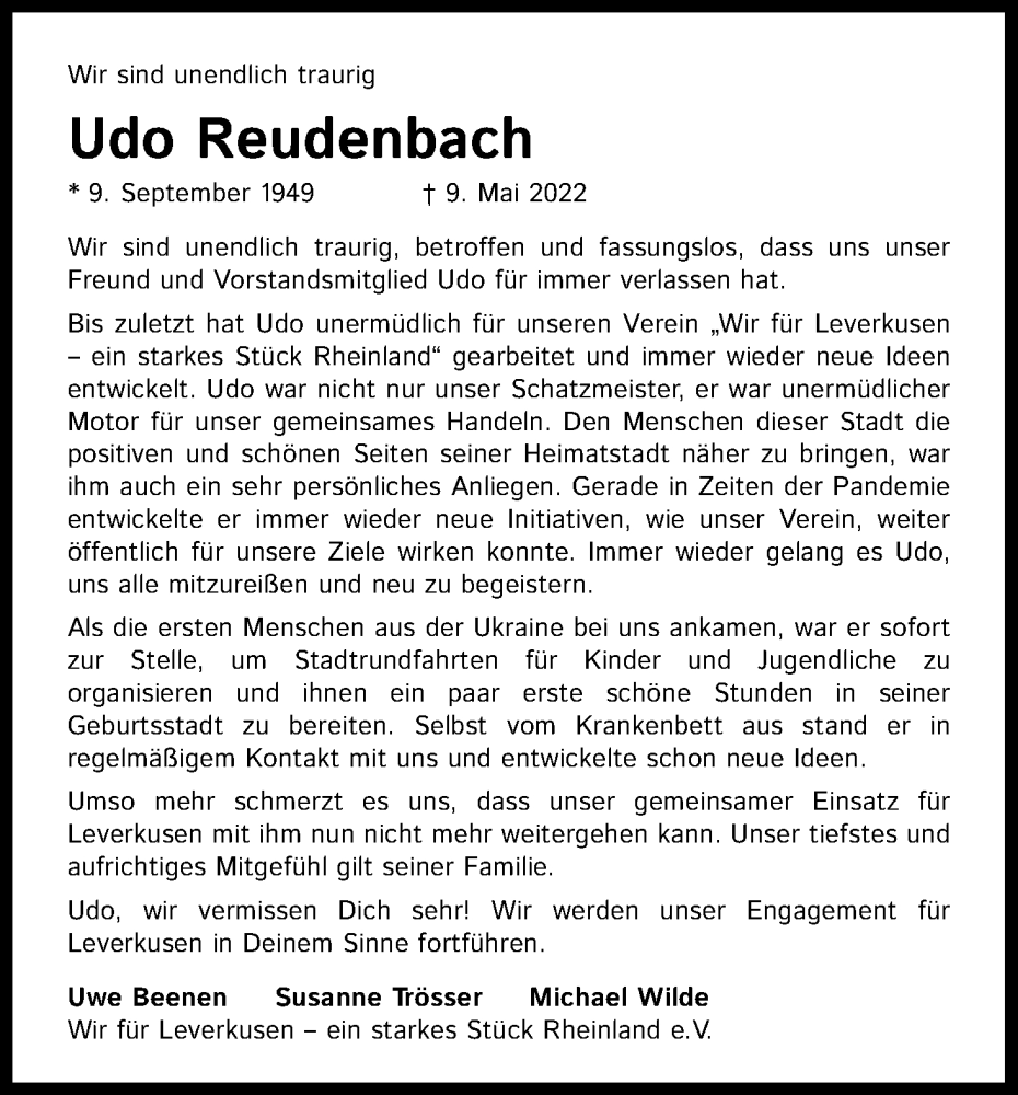 Traueranzeige für Udo Reudenbach vom 01.06.2022 aus Kölner Stadt-Anzeiger / Kölnische Rundschau / Express