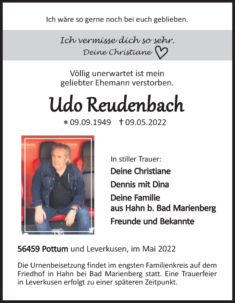  Traueranzeige für Udo Reudenbach vom 28.05.2022 aus Kölner Stadt-Anzeiger / Kölnische Rundschau / Express