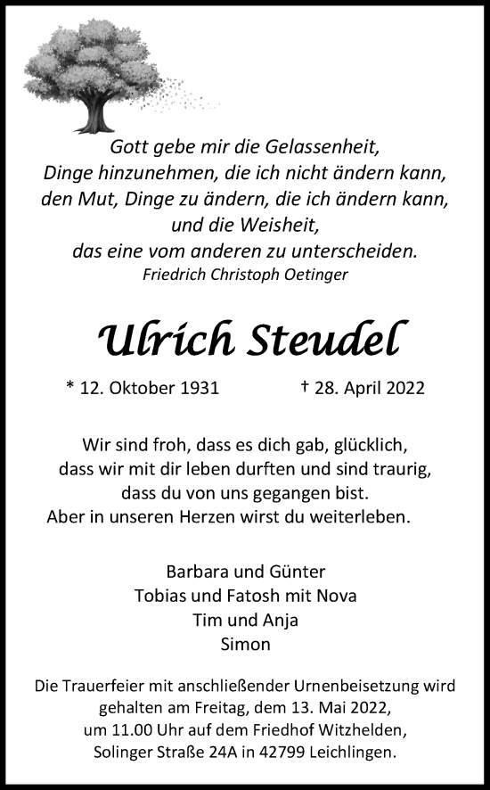 Anzeige von Ulrich Steudel von Kölner Stadt-Anzeiger / Kölnische Rundschau / Express