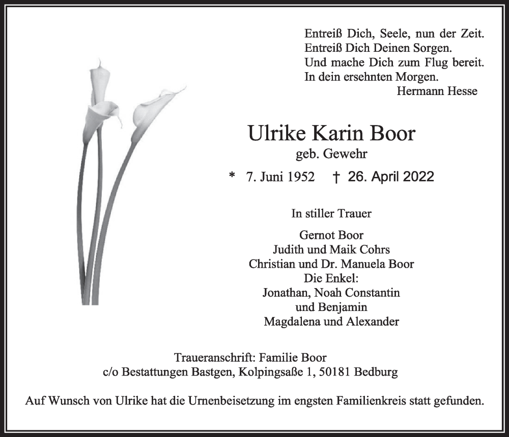  Traueranzeige für Ulrike Karin Boor vom 13.05.2022 aus  Werbepost 
