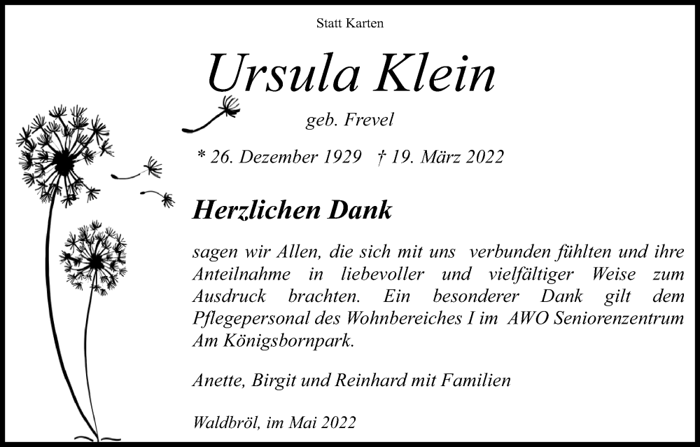  Traueranzeige für Ursula Klein vom 28.05.2022 aus Kölner Stadt-Anzeiger / Kölnische Rundschau / Express