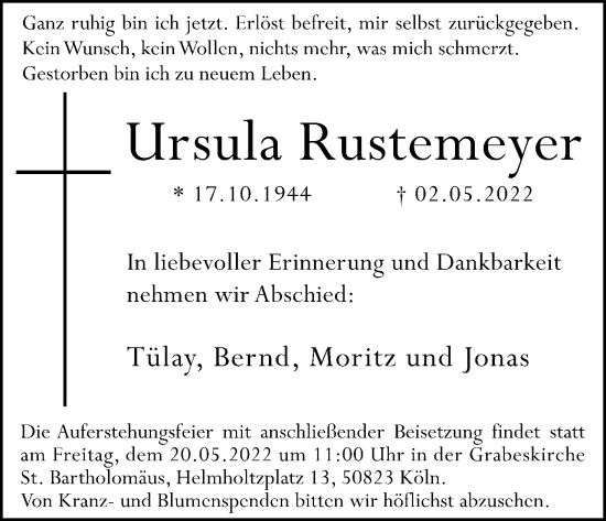 Anzeige von Ursula Rustemeyer von Kölner Stadt-Anzeiger / Kölnische Rundschau / Express