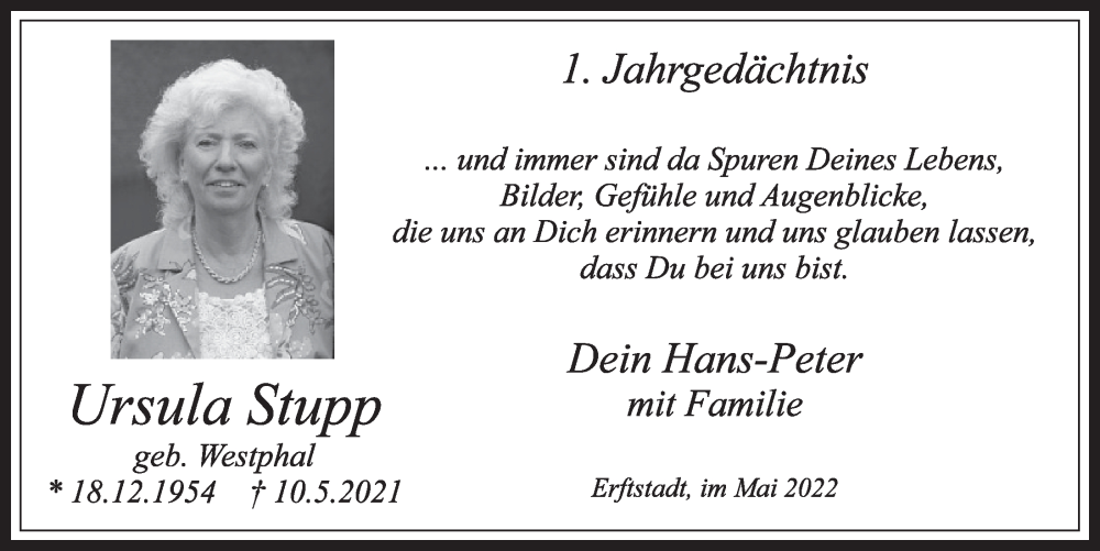  Traueranzeige für Ursula Stupp vom 13.05.2022 aus  Werbepost 