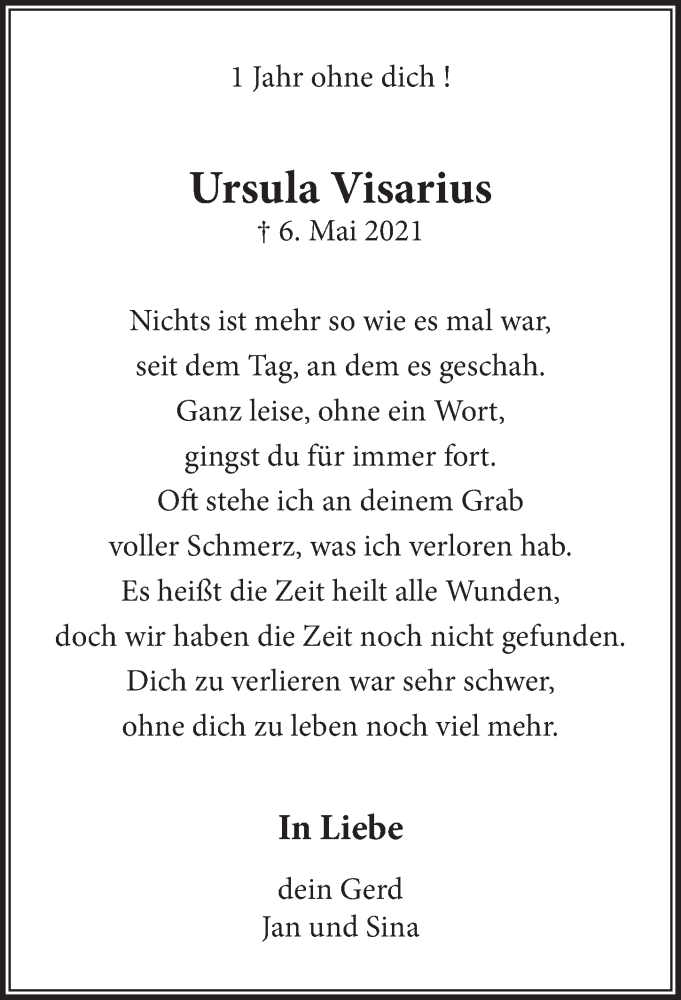  Traueranzeige für Ursula Visarius vom 06.05.2022 aus  Anzeigen Echo 