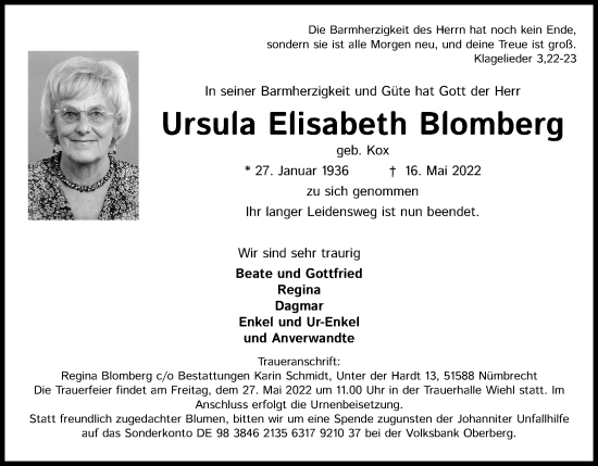 Anzeige von Ursula Elisabeth Blomberg von Kölner Stadt-Anzeiger / Kölnische Rundschau / Express