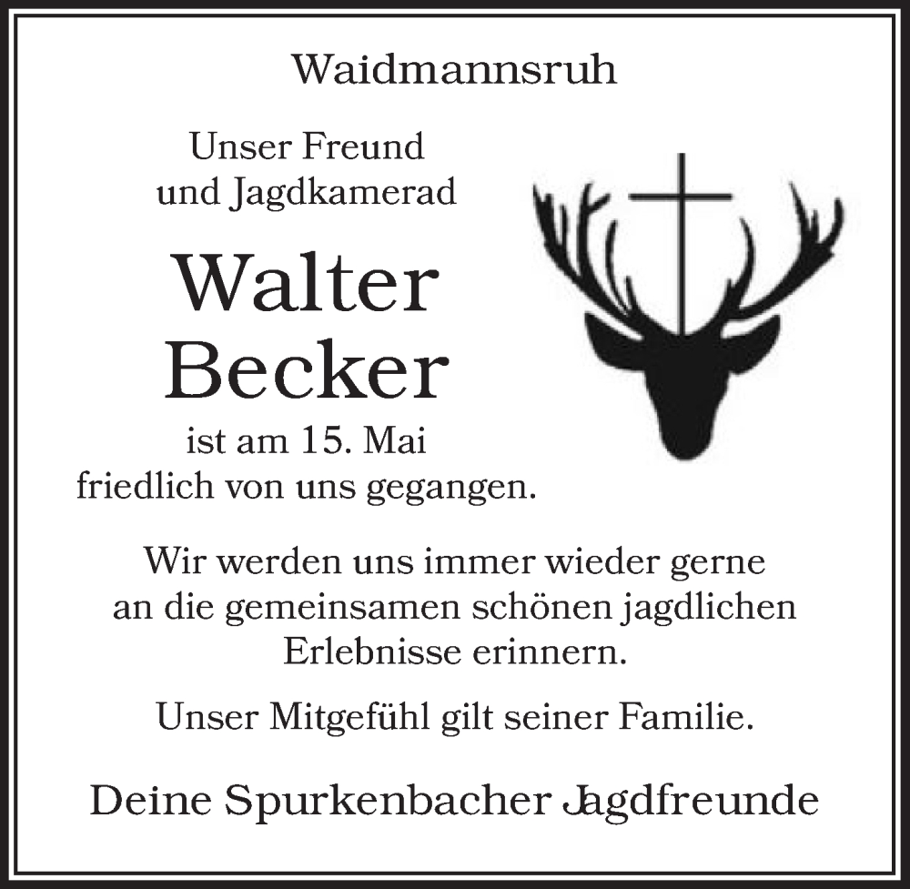  Traueranzeige für Walter Becker vom 20.05.2022 aus  Lokalanzeiger 