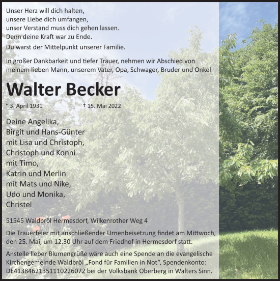 Anzeige von Walter Becker von  Lokalanzeiger 