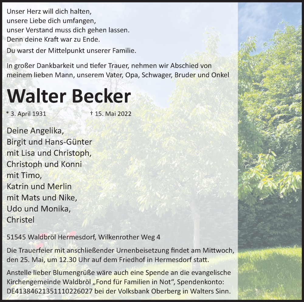  Traueranzeige für Walter Becker vom 21.05.2022 aus Kölner Stadt-Anzeiger / Kölnische Rundschau / Express