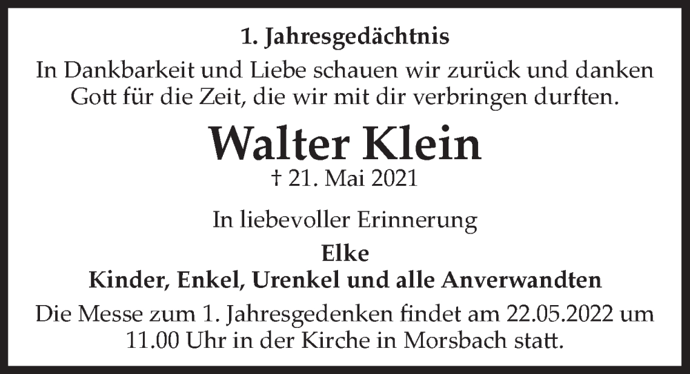  Traueranzeige für Walter Klein vom 20.05.2022 aus  Lokalanzeiger 