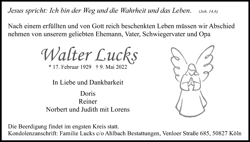  Traueranzeige für Walter Lucks vom 14.05.2022 aus Kölner Stadt-Anzeiger / Kölnische Rundschau / Express