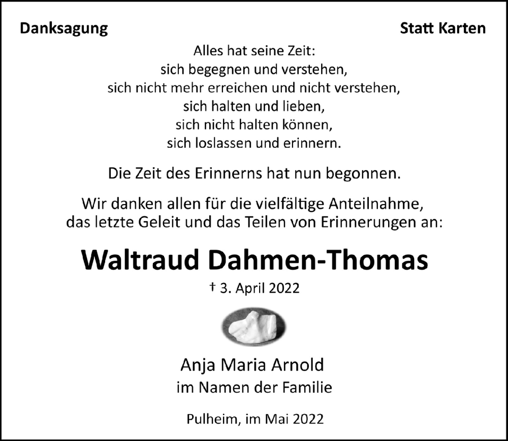  Traueranzeige für Waltraud Dahmen-Thomas vom 06.05.2022 aus  Wochenende 